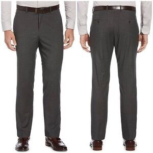 Perry Ellis Portfolio New Men's Charcoal Slim-Fit Windowpane Plaid Pants 32 x 32